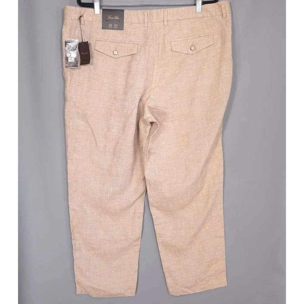 Tasso Elba 100% Linen Pants Khaki‎ 38W 30L Casual Dress Flat Front Lightweight
